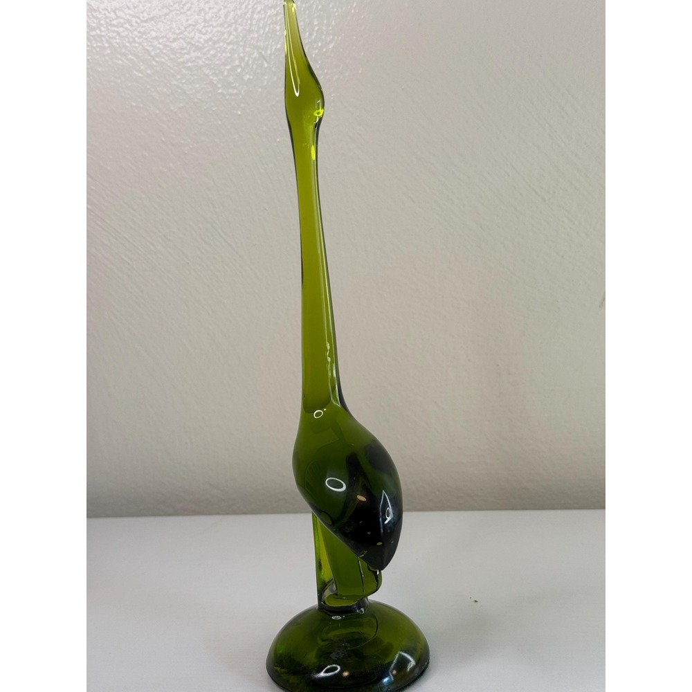 Vintage Viking Glass Epic Egret Bird Avocado Green 10.25" MCM Art Glass Crane